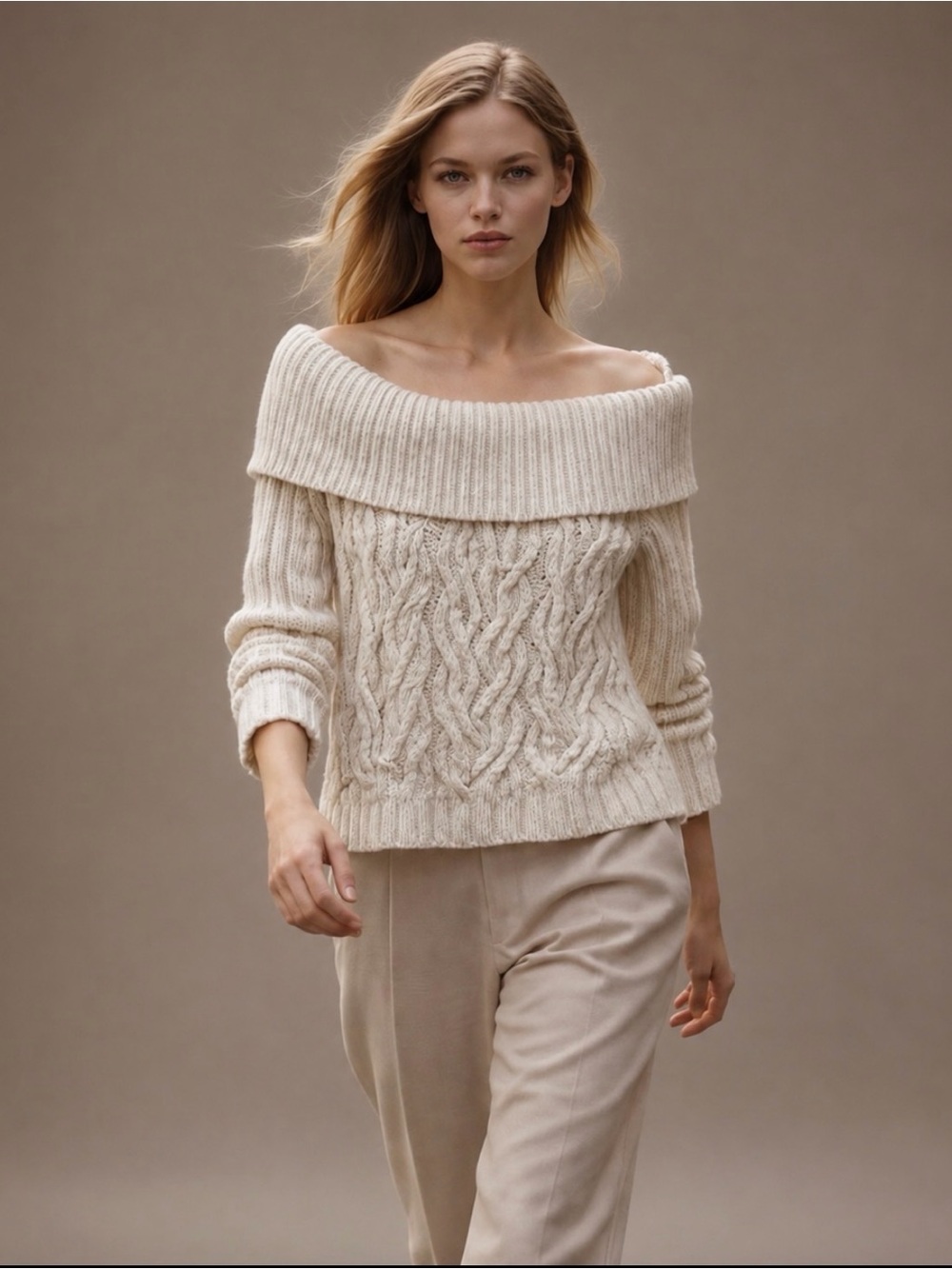 Intermix Off Shoulder Cable Knit Sweater Wool Cashmere Natural Petite Cable Knit